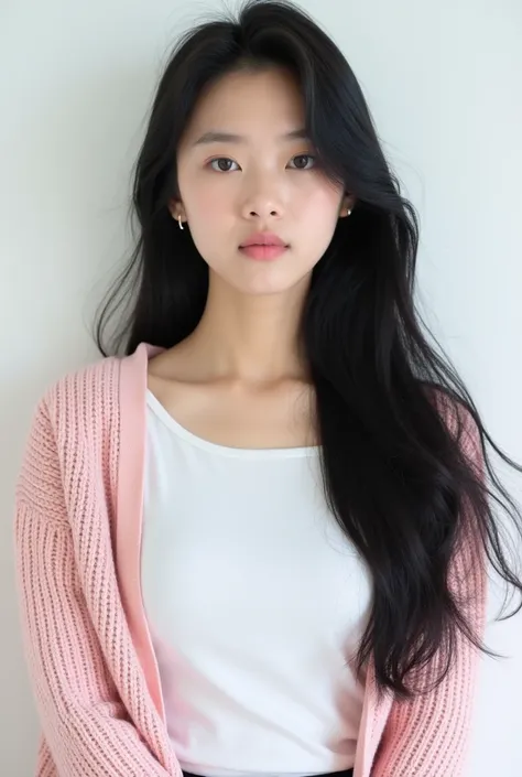 A beautiful Korean teenage girl with long, straight black hair. She is eighteen years old with a Korean face. She is wearing a white t-shirt and a baby pink knit cardigan. She appears quiet, indifferent, firm, with a sharp gaze. She is posing for a photosh...