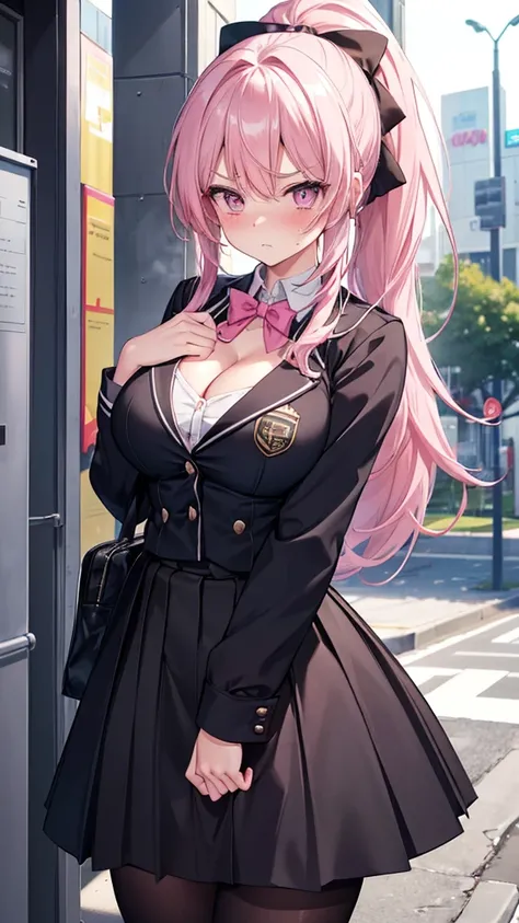 ( top quality ),(  very detailed),( black tights),( high school girl),(  pink hair),( pink eye),(Big Breasts),(Wearing a high school uniform),( ponytail),(My eyes are shining  ),(  My highlights are shining white ),( embarrassed with blushing cheeks),( My ...