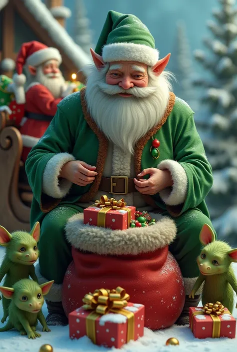 Santa Claus an old man without big ears,  and 5 Green-skinned Diseases ,  green clothes, red, blue and yellow,  with big ears,  packing the sleigh ,  putting the presents in the bag. (hyperrealism).