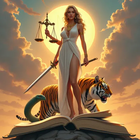  The Goddess Themis of Justice,  with a sharp face , and well defined and detailed,  and beautiful and very beautiful, full body y , and very beautiful, and curvaceous , robusta, y with wavy golden hair , and wearing a white dress ,  and showing the legs ,...