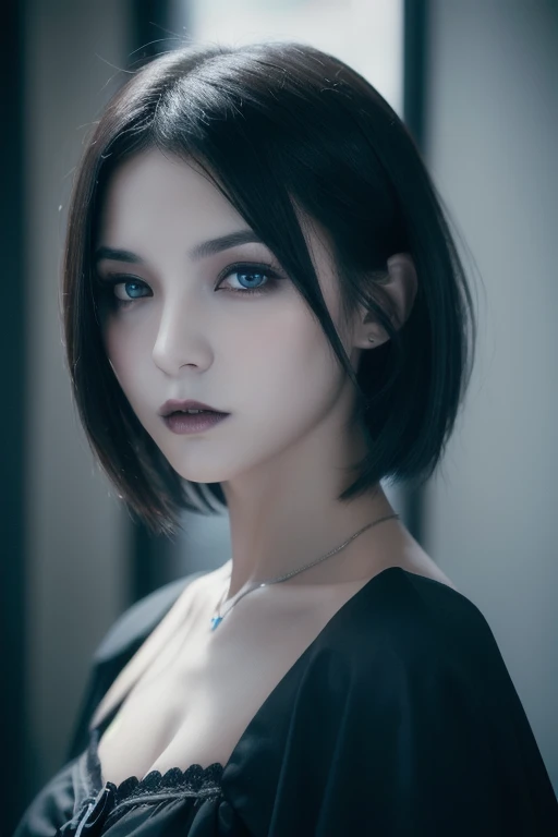 ( High Quality : 1.3),  cinematic shot, masterpiece, ( Sharp Focus: 1.5), ( photorealistic : 1.3), Medium Portrait (Beautiful young vampire woman,  blue-white skin, gothic, Still proud、Brave, Straight black short bob , Dark appearance,  wearing a dark tuni...