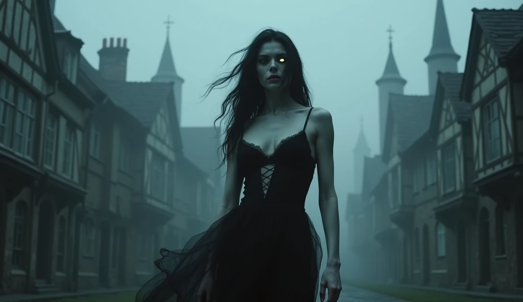 An eerie, mist-covered Gothic town with decaying buildings in the background. In the forefront, a sensual and beautiful Elena stands with glowing, otherworldly eyes. Her snow-white skin and flowing dark hair contrast with the shadows. Shadow of Nosferatu, ...