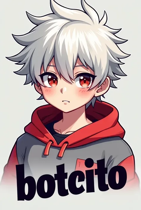 A logo of a white-haired boy gamer white skin color sweatshirt red with gray and that says botcito below.80