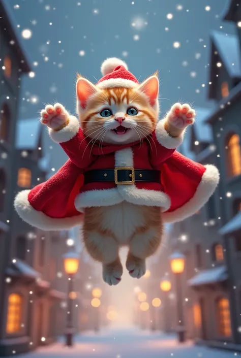 A realistic kitten is dressed as Santa Claus, wearing a red cloak, spreading its arms, and flying through the twinkling night sky in a fantastic snowy city