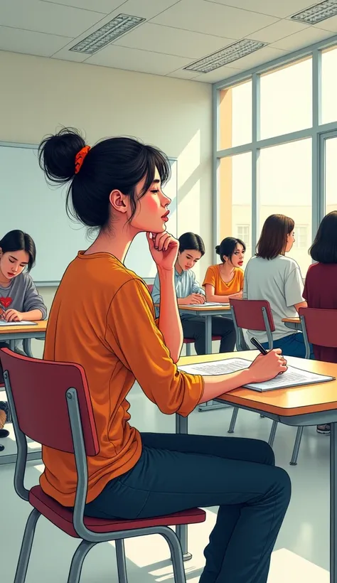 An illustration of a young girl with a messy bun, sitting on her chair  in a minimalistic and clean classroom of her university. The teacher is giving lecture and she is immersed in her thoughts. She is wearing pant shirt and is in a messy bun. The setting...