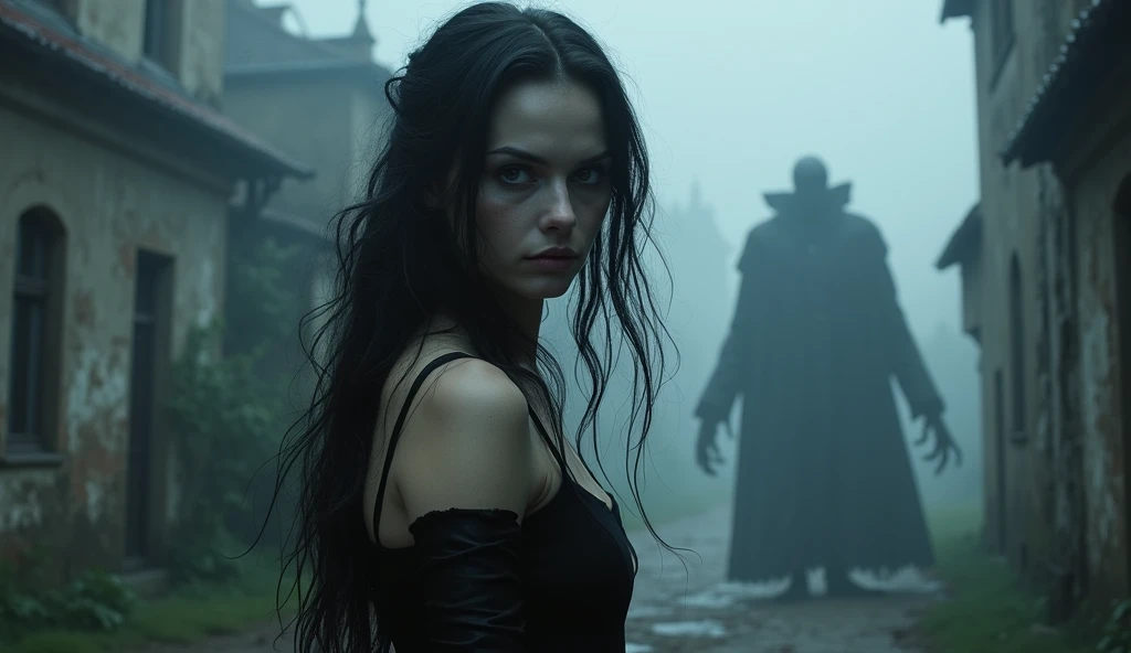 An eerie, mist-covered Gothic town with decaying buildings in the background. In the forefront, a sensual and beautiful Elena stands with beautiful hazel eyes. Her snow-white skin and flowing dark hair contrast with the shadows. Shadow of Nosferatu, the an...