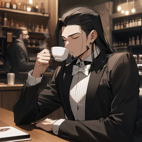  A 26-year-old man sitting in a coffee shop drinking a cup of coffee with his eyes closed,  with straight hair with a fringe split in the middle , short chocolate colored hair ,  elegant black clothing and a white bow tie Cabelo curto, ele tem uma marca da...