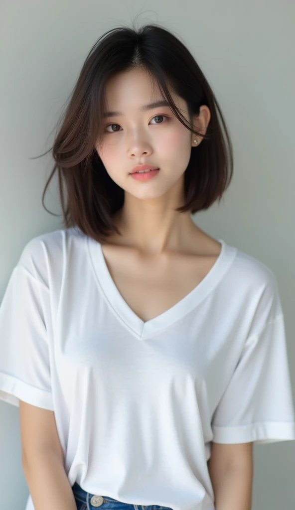 photo of an Asian girl with short hair wearing a v-neck t-shirt, kPop style, neutral background to highlight her facial features, a medium-length straight hairstyle, a side parting, no distortion or blur effects --ar 1:2 --stylize 750