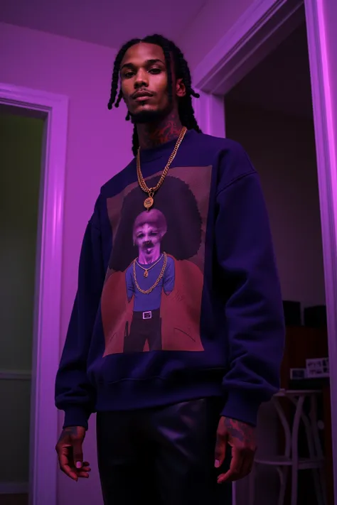 A medium high contrast close shot with deep purple hue shot with a Leica M10 of a very tall, very slender, and very fit 67" african american male with black cornrow braids and rapper inspired tattoos are covering his body. standing in a hypebeast living ro...