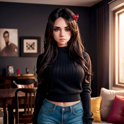 Dark movie style, a petite cute shy innocent skinny with monstously huge fat size breasts Mexican nerdy emo teen, volumetric hair, beautiful detailed brown eyes, cutely detailed lips, super cute highly detailed eyes and face, round shape face, mega voluptu...