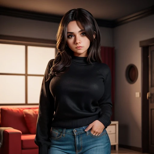 Dark movie style, a petite cute shy innocent skinny with monstously huge fat size breasts Mexican nerdy emo teen, volumetric hair, beautiful detailed brown eyes, cutely detailed lips, super cute highly detailed eyes and face, round shape face, mega voluptu...