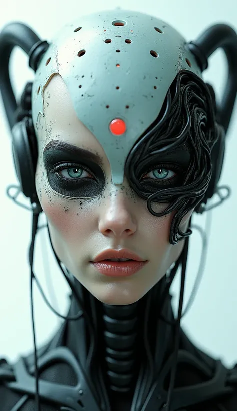 masterpiece, complex detailed, best quality, editorial fashion photo, hdr, closeup, biomechanical alien, eye contact, art by goro fujita, white and black colors, sharp focus, cyber, filtech, 