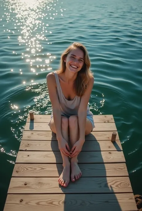 A joyful woman sitting on the edge of a wooden dock by a sparkling lake, her feet kicking the lake creating water splash. The camera captures her from an upward angle from the lake, showcasing the reflective surface of the water, the intricate patterns of ...