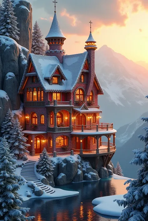 "A whimsical and luxurious mansion with architecture inspired by Santa Claus, featuring festive details such as intricate metallic patterns of snowflakes, candy canes, and sleigh motifs. Warm red, gold, and white lights illuminate the structure, evoking a ...