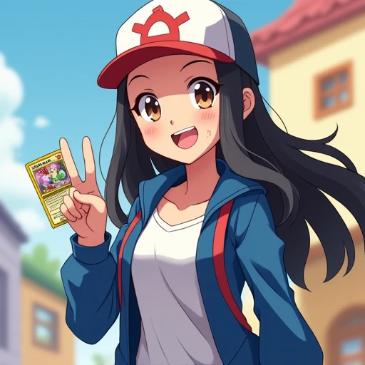 Female pokemon trainer long black hair brown eyes doing a peace sign holding pokemon cards smiling in anime style