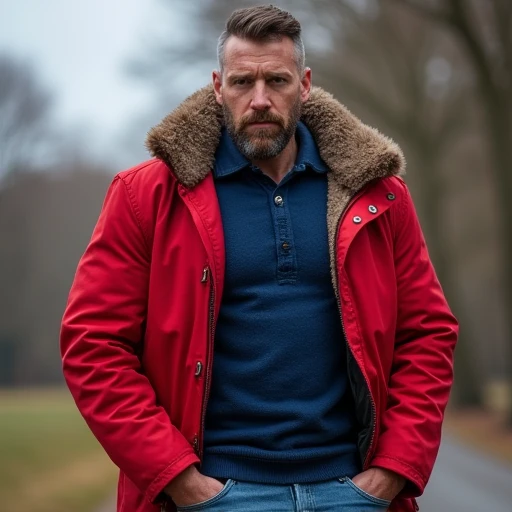 spectacular australiano man , muscular and handsome ,  bodybuilder ,  cara perfecta ,  piernas fuertes y musculosas large lump , great detail,  a pair  jeans , large lump,   wearing red jacket con capucha fashion winter with high collar ,   in the outdoor ...