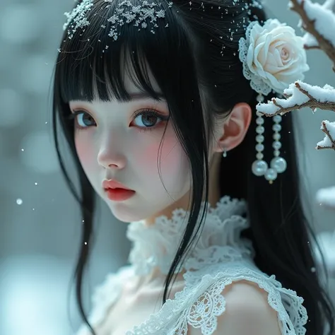 Black Hair, White women, White Eyes,  white lace dress , (( top quality )), ((masterpiece)), (  Details),  cyberpunk, Mecha, ((  Japanese Girl)),  surreal, Art Nouveau, Im using ,  animated inspirations, Mysterious,  Big Breasts ,  clevis on a stone,  unre...