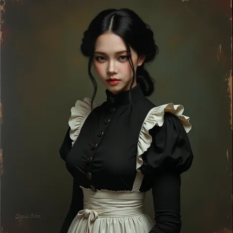 A strikingly beautiful Victorian woman ,Passport photo angle, Skinny body, ((Small Head)), expressive dark eyes that seem to hold both secrets and a fiery determination. Her dark, glossy hair falls in soft waves, partially pinned back in a simple yet elega...