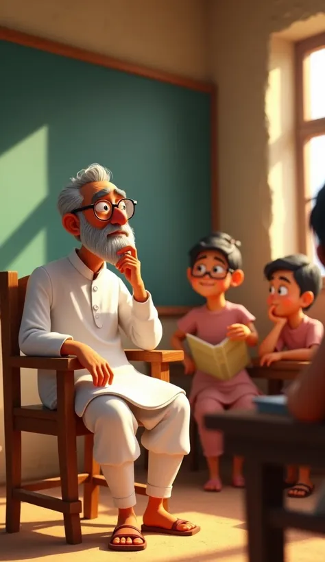 A 3D cartoon-style realistic image of a rural classroom scene: Masterji, a middle-aged teacher with a thoughtful and slightly exasperated expression, sits on a wooden chair near the blackboard. He is wearing a white kurta-pajama, his glasses slightly askew...