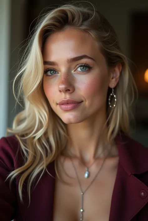 nude, hyperrealistic, real photo of a 16yrs woman , intricate details, Freckles、Rough skin, hyper detailed face, beautiful, sexy, gorgeous, female model, sexy smile, necklace, burgundy jacket, blonde hair, expressive beautiful dark gray eyes,, earrings, hy...