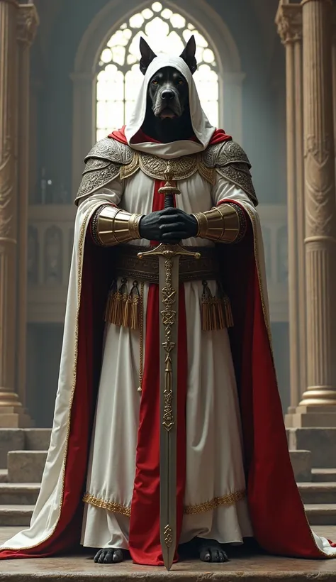 an ultra realistic image of a fusion of a large muscular pit bull and a rider(Templar) white and red with his sword in his hand , looking forward  ,imposing look , He has a hood  , Hes in a church hes praying humanoid transformation  .8k