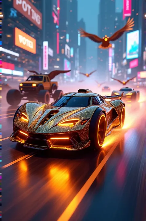 Design a thrilling car race featuring animal-car hybrids tearing through a futuristic neon-lit city. The leading vehicle is shaped like a cheetah, its sleek, aerodynamic body covered in glowing golden patterns that mimic fur. Its headlights resemble sharp ...