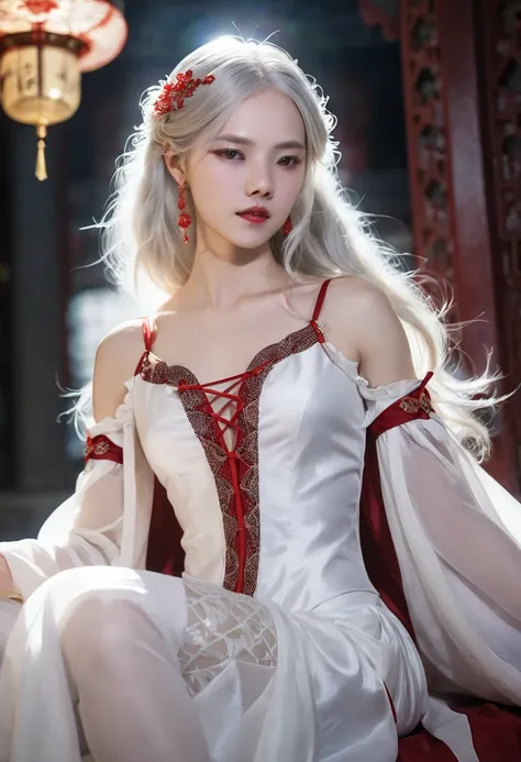 She is an 18-year-old woman.、 like silk on her shoulder Has white hair .. His eyes are red.,  she has a faint supernatural glow , Radiates an aura of mystery and power.   Your beauty is undeniable  ,   has delicate features that highlight its unique and en...