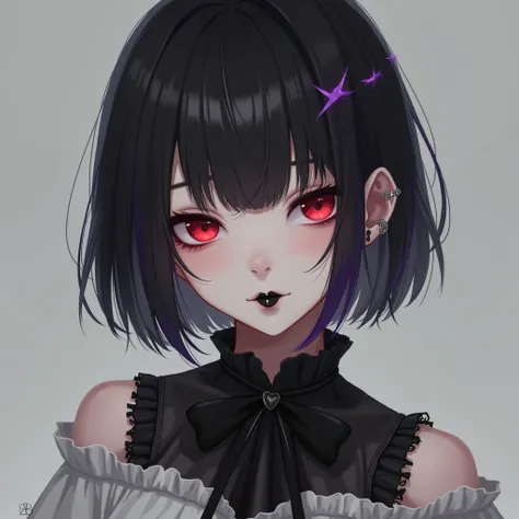  FAIR-SKINNED GIRL ALMOST ANAEMIC,  red-colored eyes , SHORT BLACK HAIR FRINGE , Black lip ,  Gothic makeup,  WEARING A WHITE TOP AND A BLACK SKIRT,  PURPLE STRANDS IN THE HAIR , LIP PIERCING ,  REALISTIC HIGH-RESOLUTION DESIGN ,  Skinny Legs 