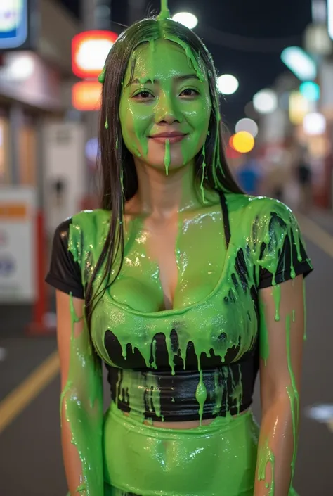 Amateur photograph. Korean teen covered in green water. Photorealistic. Wet liquid. Nasty slime. Raw photo. (Wearing sexy French maid uniform: 1.1). Cleavage. outside Tokyo. Nighttime. Bokeh. Green Slime. Dripping green goo. 18 years old. Wet green liquid....