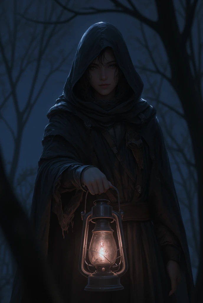 Anime young man wearing a hood holding a lantern at night that looks mysterious and scary