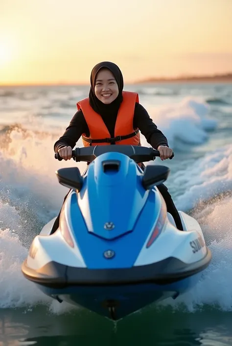  A beautiful korean woman in a black hijab wearing a black shirt ,  and wearing a orange life jacket is riding a blue white jet ski, zoom face, smiling to camera and stylish face is speeding , in the middle of the blue sea with big waves ,  sun set atmosph...