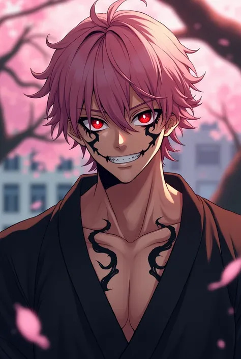 anime male, light pink hair, side wavy hair, tan skin, red crimson eyes, evil smile, bushy eyelashes, teen, black demonic tattoos, shirtless, black gi, cherry blossom tree, school background 