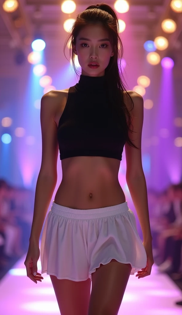 （Highly detailed body，Highly detailed face，the best quality：1.2）, She has Ponytail hairstyle and is looking straight at the audience. She is walking the runway at a fashion show.. The style is modern fashion.ones front view. she have big breast. woman have...