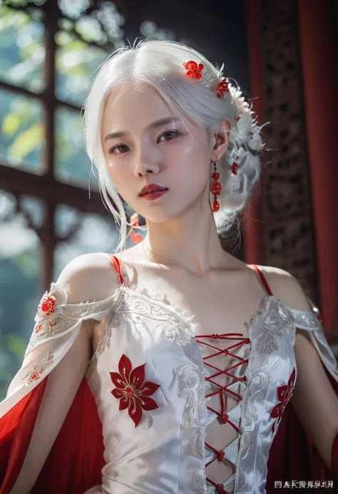 She is an 18-year-old woman.、 like silk on her shoulder Has white hair .. His eyes are red.,  she has a faint supernatural glow , Radiates an aura of mystery and power.   Your beauty is undeniable  ,   It has delicate features that highlight its unique and...