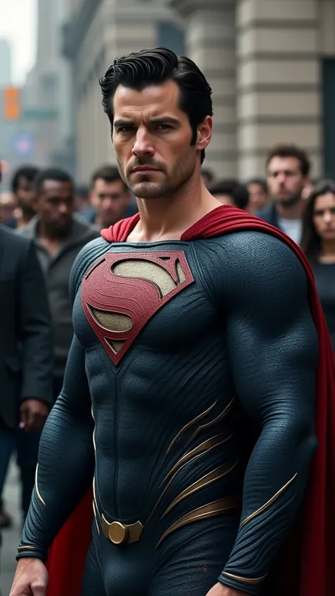 A Caucasian man, appearing to be in his late twenties or early thirties, is depicted as the superhero Superman. He is portrayed in a serious, determined pose, with a stern expression and intense gaze. His dark hair is styled in a classic quiff. He wears a ...