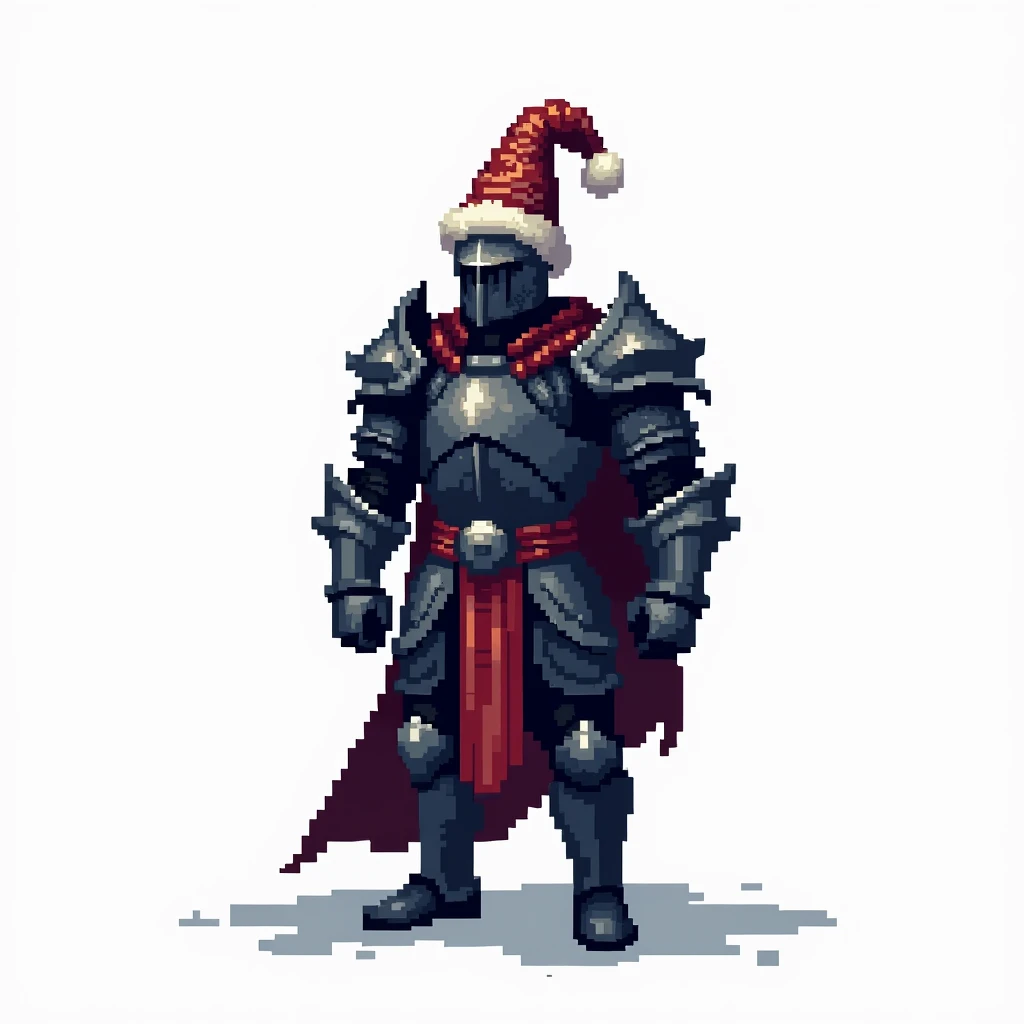 Make a pixel knight in 2d in dark colors on a white background with a 4k Christmas hat