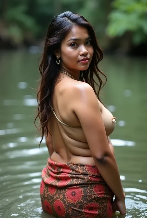 a beautiful 25 year old Indonesian woman, with a curvy body, not fat and not thin, wearing a Javanese style sarong, her sarong is wet and tight so that her lower hips are visible. She is standing in the river water, about to take a bath in the river, her c...