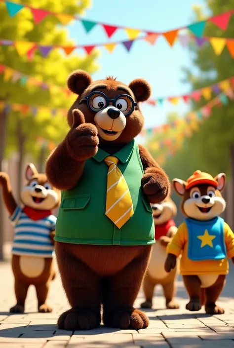 Photo 7: Uncle Bear praises the completion of part 1
• Main subject: Uncle Bear, large, round, dark brown fur. He wears a green vest, a yellow-white striped tie, and round-rimmed glasses. His expression is gentle, giving a thumbs up in praise.
• Secondary ...