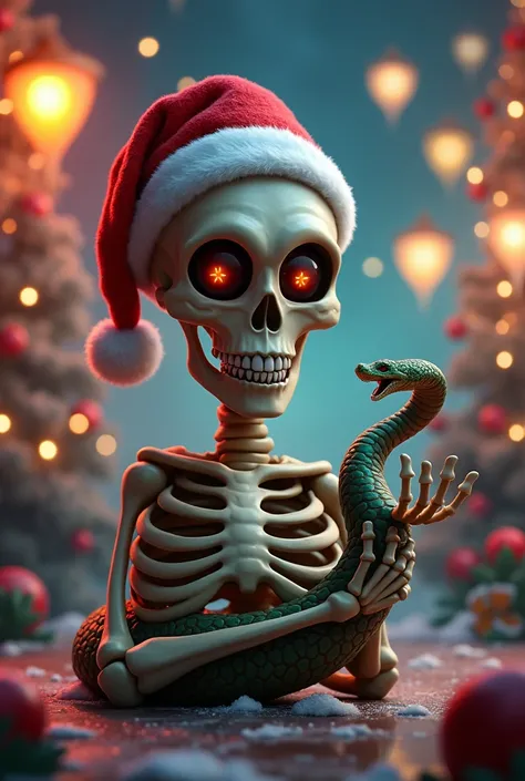 A skeleton with a Christmas hat with a snake in his hands against the background of the festive atmosphere of the new year and let everything be a little cartoonish