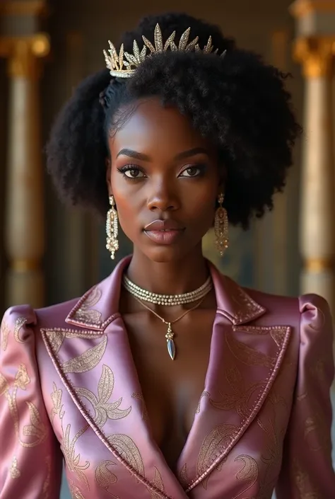 
royalcore black woman in mauve and hair accessories 