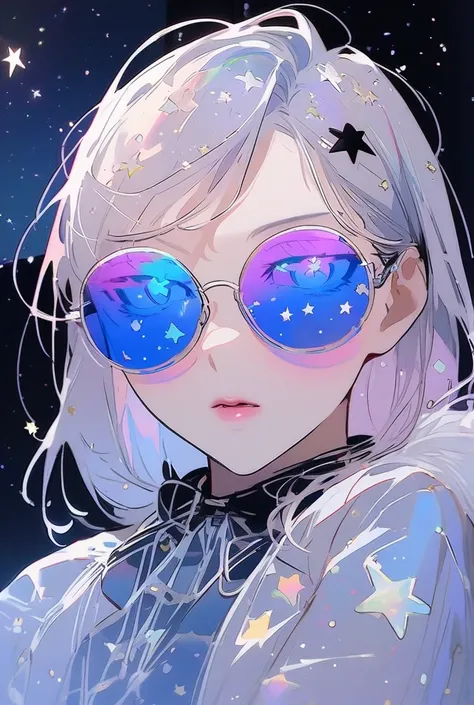 The model is wearing glass sunglasses with stars and the moon on the glass