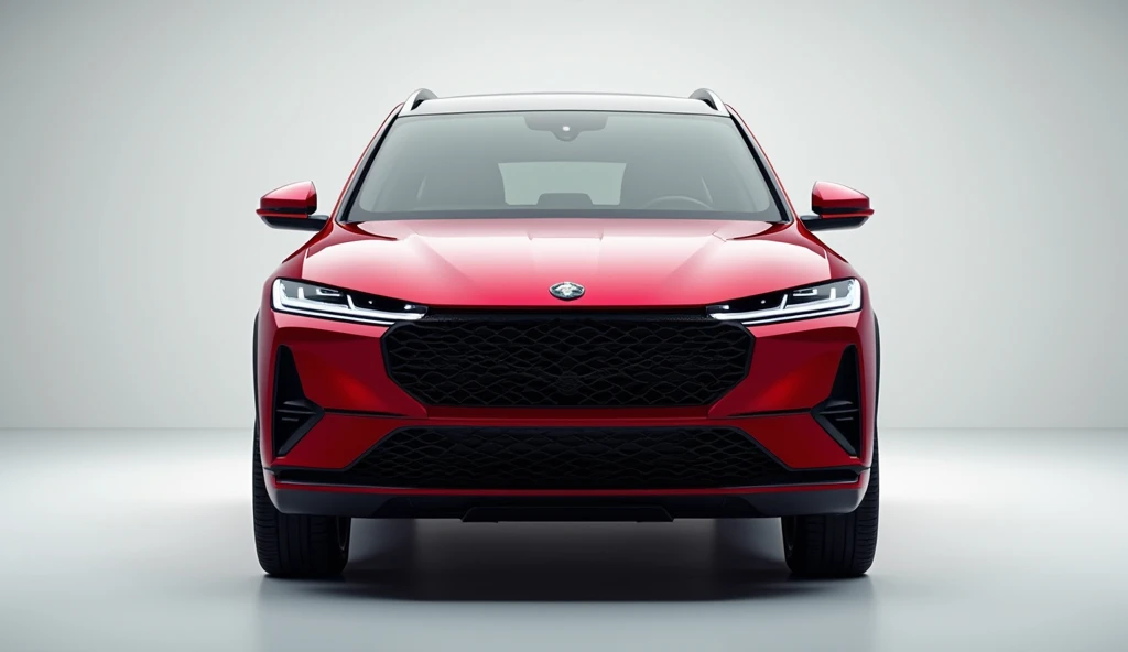 Front view of a luxury red SUV car in a well-lit minimalistic showroom. The car features a bold and distinctive grille with a mesh pattern, sharp dual horizontal LED headlights on either side, and an aggressive yet elegant bumper design. The hood has clean...