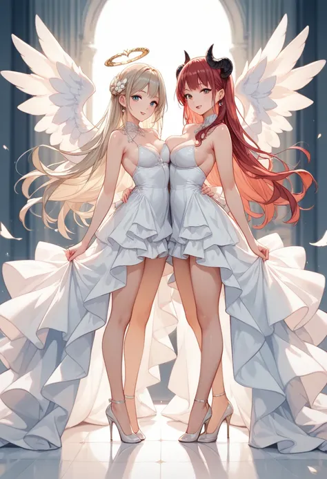 Anime, beautiful girls. Background one side is hell and on the other side is heaven, and there are two girls standing on either side, one is a devil and the other is an angel. Dress not too revealing 