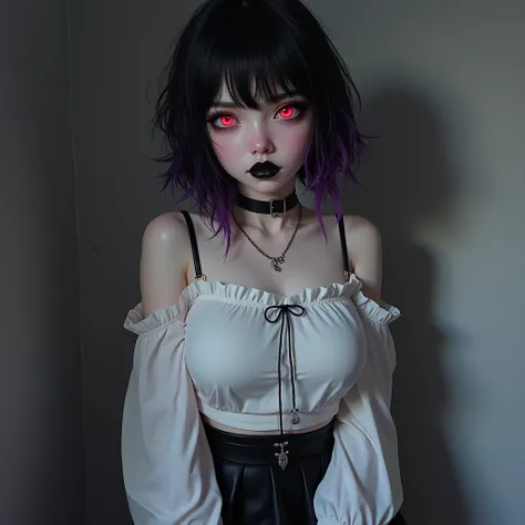 Girl ,  CLEAR SKIN ALMOST ANEMIC,  red-colored eyes , SHORT BLACK HAIR FRINGE , Black lip ,  Gothic makeup,  WEARING A WHITE TOP AND A BLACK SKIRT,  PURPLE STRANDS IN THE HAIR , LIP PIERCING ,  small breasts ,  REALISTIC HIGH-RESOLUTION DESIGN ,  Skinny Le...