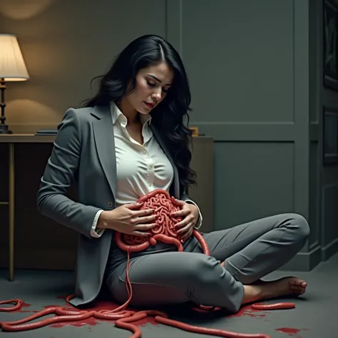  Beautiful American Latina Businesswoman emoji 😨 head gray suit , open jacket, long black hair office formal buttoned shirt tucked in skintight pants, skinny legs and belt is disemboweled in office ,she is clutching her small intestines, her small intestin...