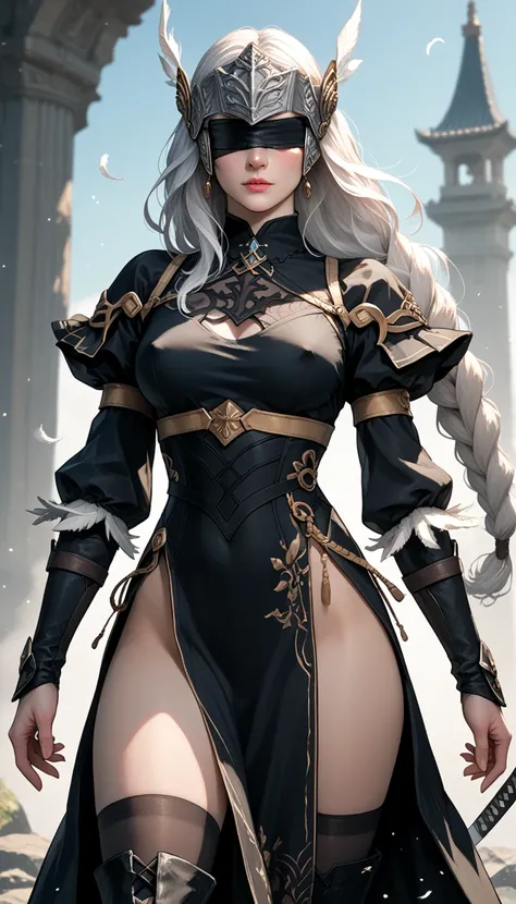 Score_9, score_8_up, score_7_up, source_real, photorealistic;; VPLenneth, 1woman, dynamic expression, long hair, braid, white hair, black blindfold over eyes, erect nipples, (armor), helmet, pelvic curtain, feathers, black dress, feather-trimmed sleeves, s...