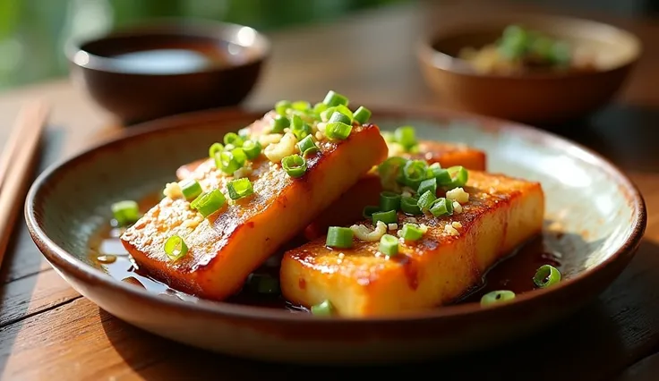 "A warm and inviting image showcasing thick slices of pan-fried or grilled tofu (Fried tofu). The tofu pieces are golden and slightly charred, served on a rustic ceramic plate. They are topped with finely chopped green onions, grated ginger, and a drizzle ...