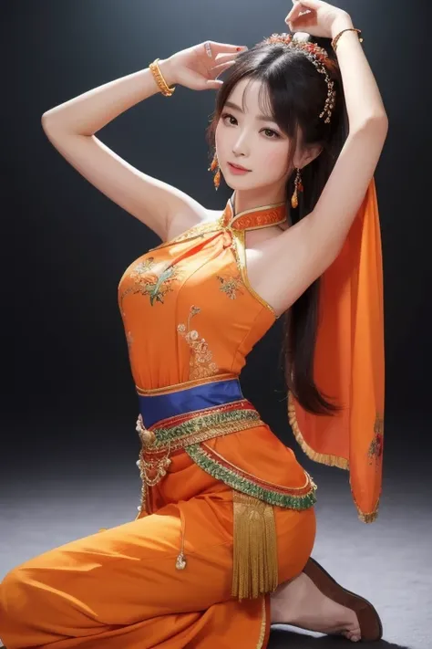 The woman is wearing an ancient dance costume, including a red full-length halter top blouse, and orange chiffon trousers on the bottom. She is an oriental beauty with a very Chinese style. The costume is very Song Dynasty style. She has her back to the wo...