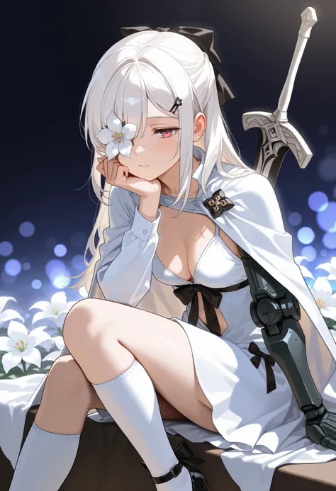 (masterpiece, best quality, high quality, highres, ultra-detailed), 1boy, bow dress, black bow, hair ribbon, flower over eye, hairclip, prosthetic arm, flat chests, white hair, kneehighs, black heels, sleeves, cape, white flowers, hand resting on chin, mat...