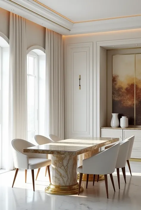 Architectural professional 3D rendering of a  elegant and luxurious dining table made of marble in  elegant and luxurious Italian gold color and very expensive and boxing and modern and luxurious chairs in white silk  and high quality white stone floor and...